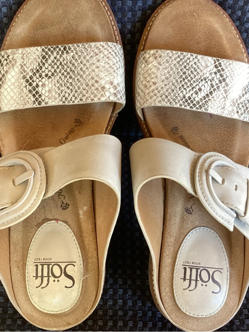 Sofft Two-Band Sandals in Light Gray and White Snake - Picture 8 of 10